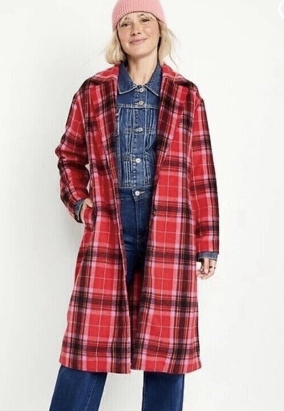 Old Navy Women Long Coat Red Tartan Plaid Sz L Petite Oversized Soft Pockets